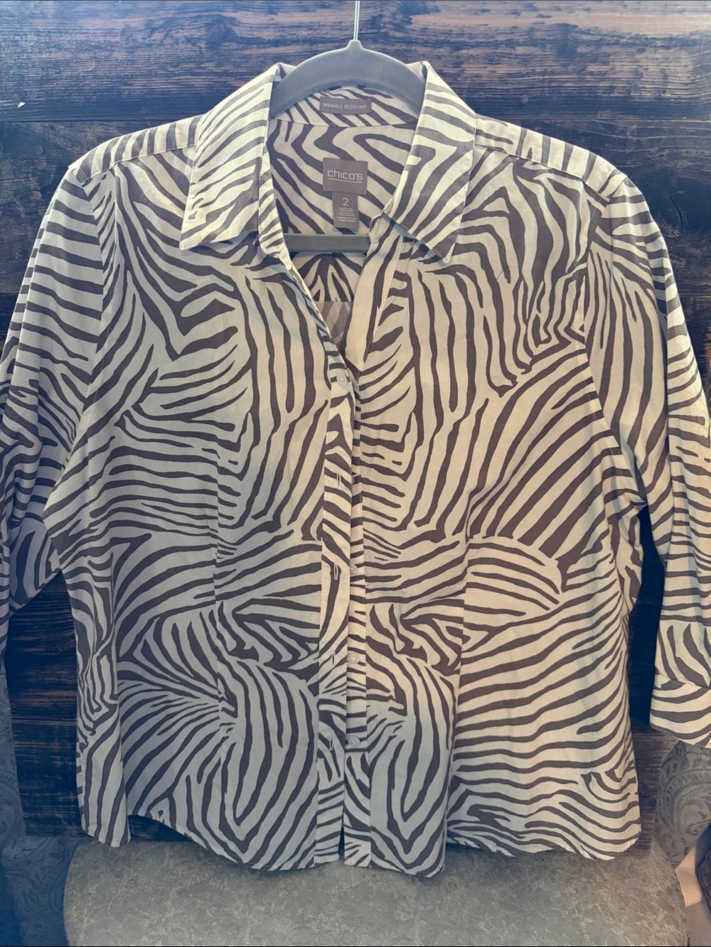 Chico's Taupe and Ivory Zebra-Print Button Front Blouse. Size 2.